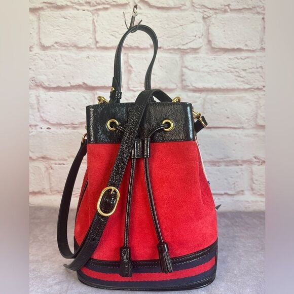 Gucci Suede Ophidia Bucket Drawstring Crossbody Top Handle Bag Red - Picture 2 of 12